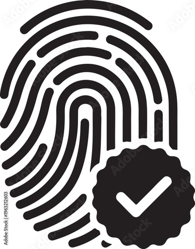 Fingerprint icon with verification checkmark for identity authentication