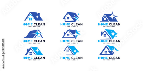 Modern house clean logo set featuring home and sparkle elements, ideal for cleaning services, housekeeping brands, and sanitation companies.