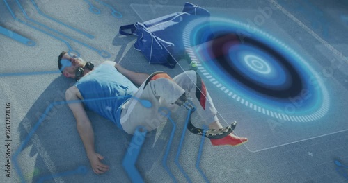 Animation of data processing over disabled caucasian sportsman