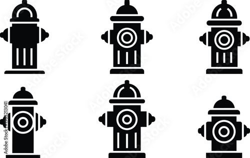 Fire hydrant silhouettes collection, flat vector illustration, urban safety equipment icons, emergency water supply symbols isolated on white background design
