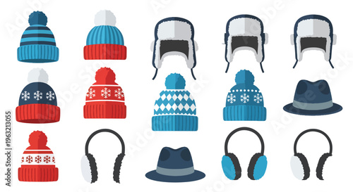Winter hats and headphones collection in red blue colors