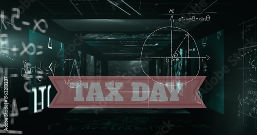 Animation of tax day text and data processing on black background