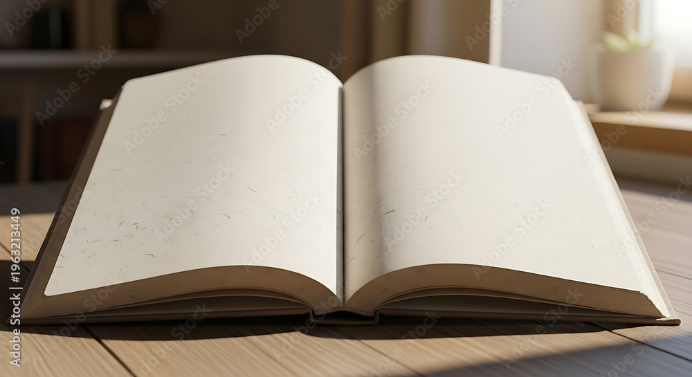 Fototapeta premium An open book with blank pages on a table indoors