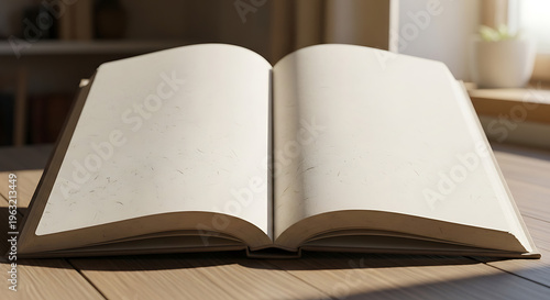 An open book with blank pages on a table indoors