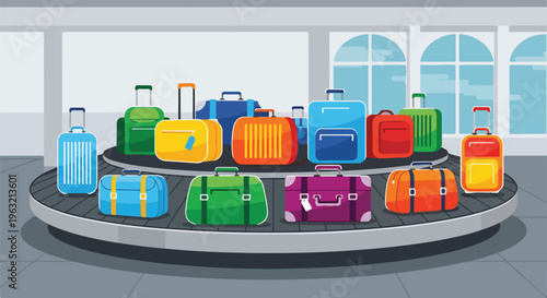 Cartoon illustration of suitcases on a luggage carousel in an airport