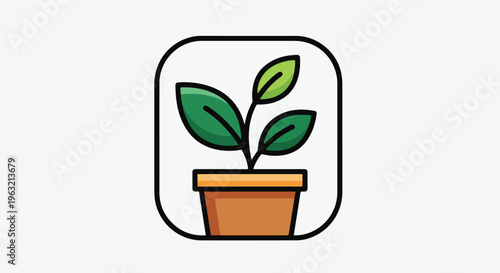 Cartoon image of a plant in a pot inside a rounded square frame
