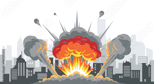 Explosion, city destruction, blast, vector illustration, disaster, chaos, urban devastation