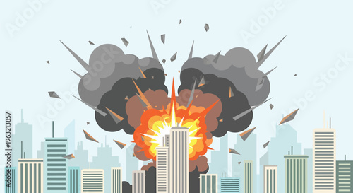 City skyline, explosion, destruction, chaos, vector illustration