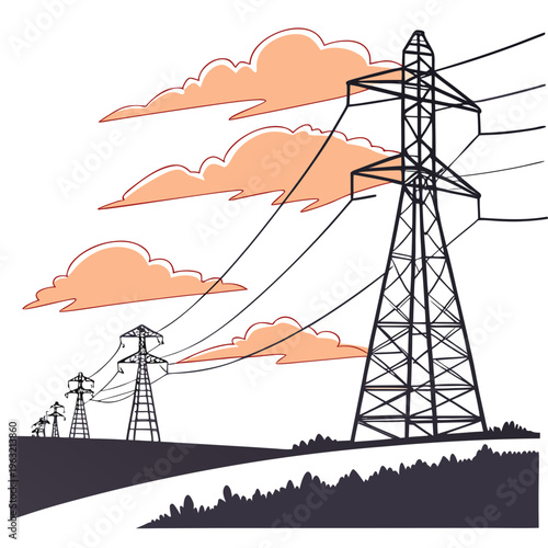 Electric power transmission towers on a hill with clouds in the background