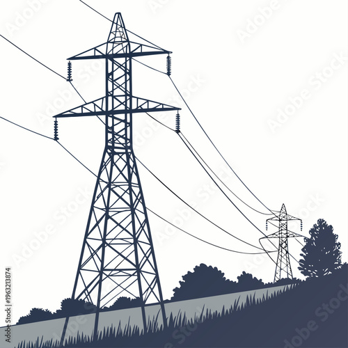 Electric power transmission towers on a hill with trees and grass