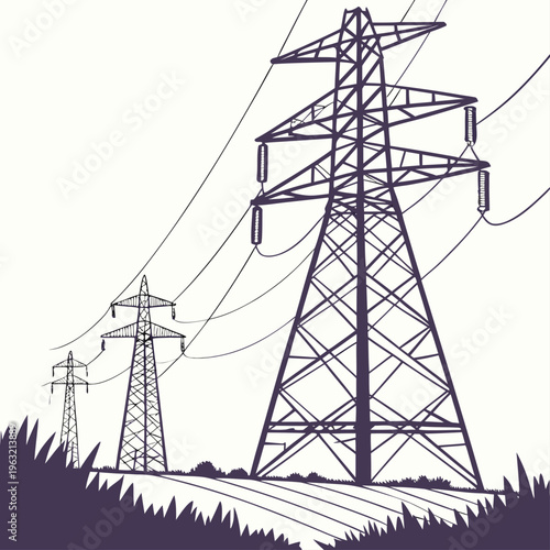 Electricity transmission towers standing tall in a field with wires and insulators