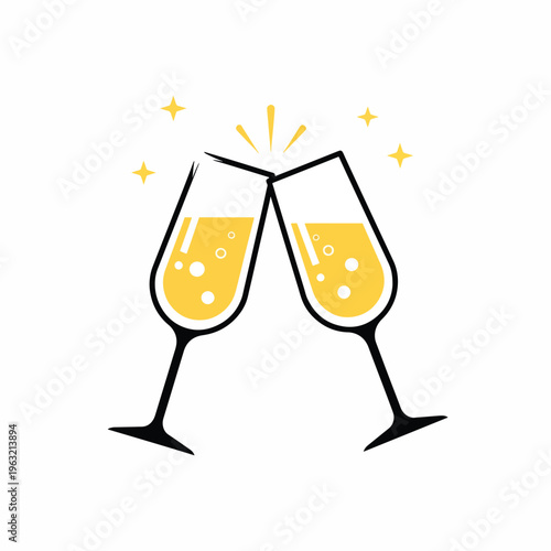 Two champagne glasses clinking together in celebration