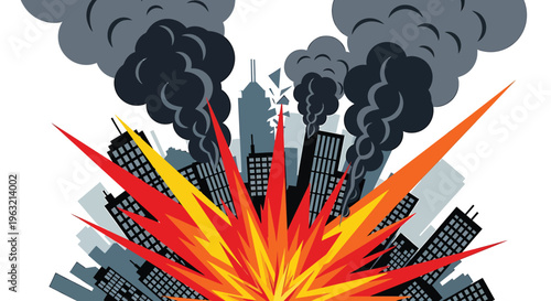 Explosion, city destruction, blast, urban disaster, vector illustration
