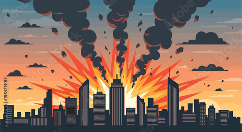 Explosion, cityscape, destruction, vector illustration, disaster, chaos, urban landscape