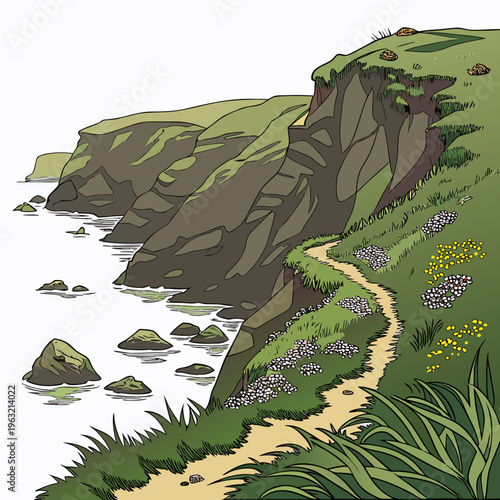 A cartoon illustration of a hiking trail along a rocky cliffside with flowers and grass