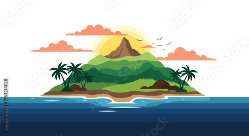 Cartoon tropical island with palm trees, sun, clouds, and birds over ocean