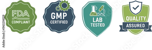 Quality assurance certification badges, FDA compliant and GMP certified labels, set of 4 lab tested and quality assured vector icons for packaging isolated PNG with Transparent Background