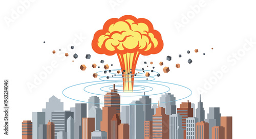 Explosion, city destruction, disaster, chaos, vector illustration