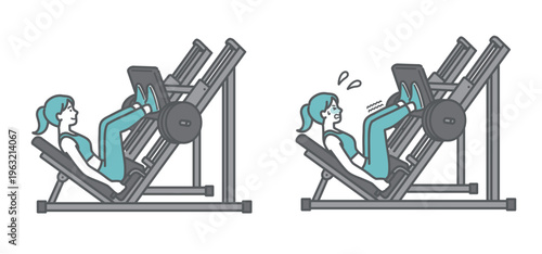 レッグプレスマシンでトレーニングする女性の笑顔と辛そうな表情の比較セットイラスト