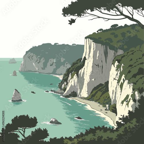 Illustration of a serene cliffside by the ocean with lush greenery and rocky shores in a vintage style