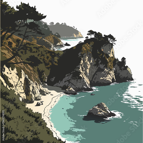 A scenic coastal landscape with rugged cliffs, trees, and a sandy beach overlooking the ocean on a sunny day with clear blue waters