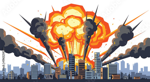 Explosion, city destruction, war, chaos, vector illustration, bombing, urban devastation