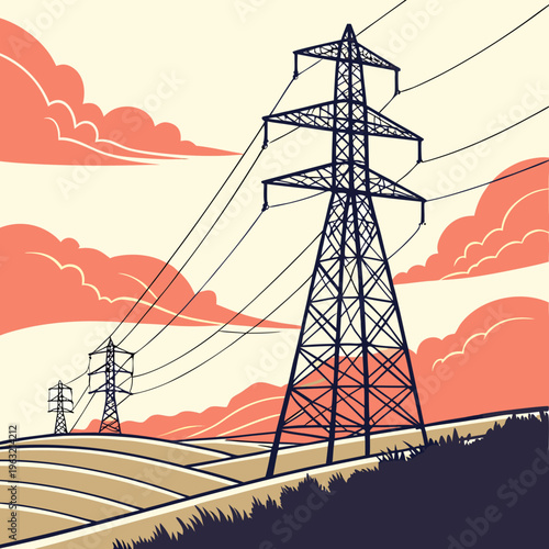 Electric power transmission towers standing tall in a rural landscape with rolling hills and cloudy sky