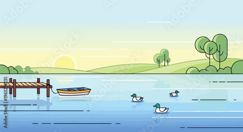 Cartoon-style illustration of a lake scene with ducks, dock, and boat