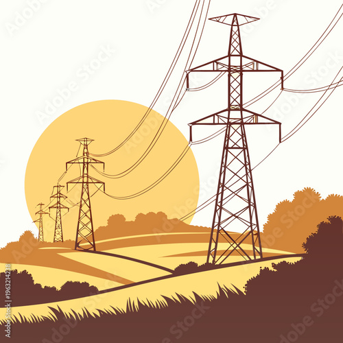 Electric power transmission towers in a rural landscape with a large sun in the background