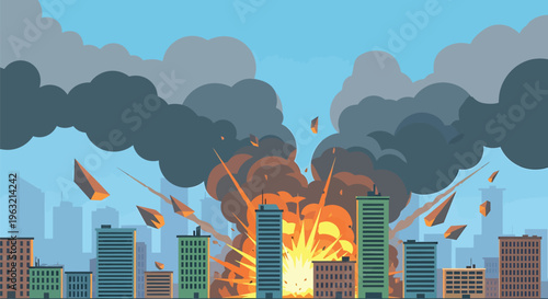 City skyline, explosion, destruction, disaster, chaos, vector illustration