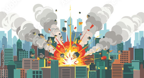 Cityscape explosion, urban destruction, city bombing, war zone, vector illustration