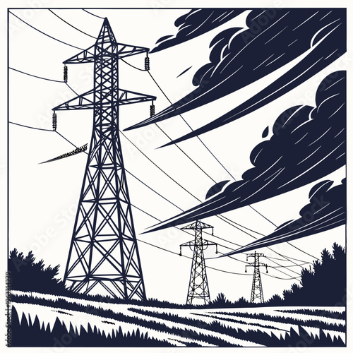 Electric power transmission towers standing tall in a field with dark clouds approaching, representing energy infrastructure and potential severe weather conditions
