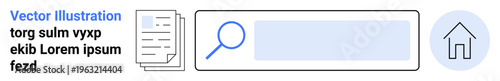 Digital tools, navigation, research, interface, organization, website management. Display of search bar, document magnifying glass home icon. Digital tools and navigation concept