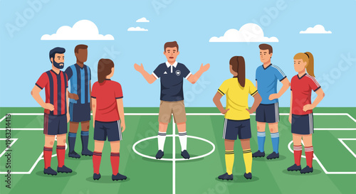 Cartoon-style illustration of a soccer match with players and a referee