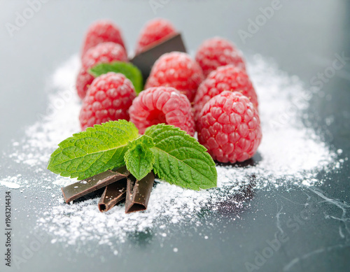 Ripe raspberries with powdered sugar. Organic raspberries, healthy food, vitamins, summer berry fruit. AI Generated.