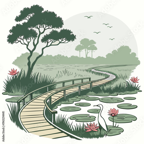A serene and peaceful natural landscape with a winding wooden boardwalk through a wetland or marshy area with lily pads and flowers