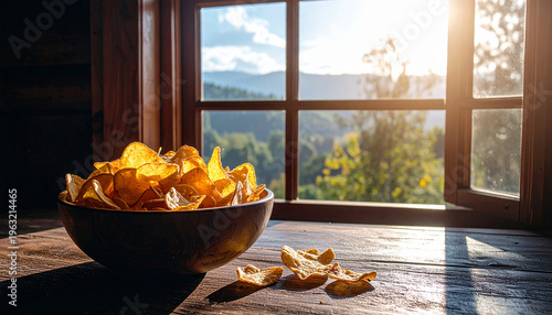Crispy potato chips in bowl on wooden table, Golden crispy chips ready to eat. Backlit Photography.