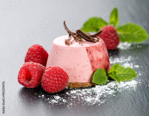 Raspberry dessert served. This elegant dish features creamy mousse topped with raspberries. Perfect for a fine dining experience.