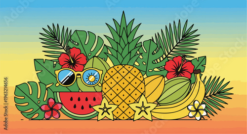 Cartoon-style summer arrangement of tropical fruits and foliage