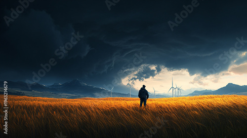 Energy engineer checking on wind turbine energy production, Engineer standing in a field at a wind farm.