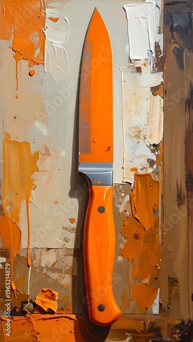 Close-up of an orange knife against a textured background with paint strokes