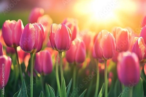 Fresh tulip flowers bloom in a field with blurry background under sunset light during springtime