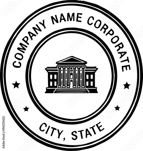 Vintage corporate seal vector, classic circular company stamp with courthouse building, professional legal and financial emblem design isolated PNG with Transparent Background