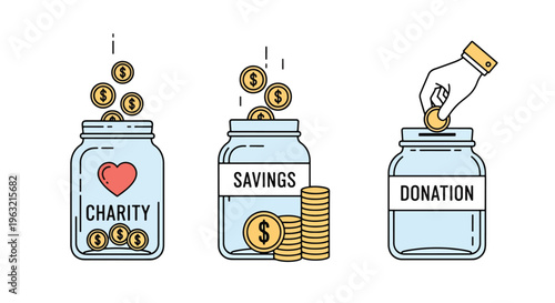 Three glass jars for charity savings and donation with coins