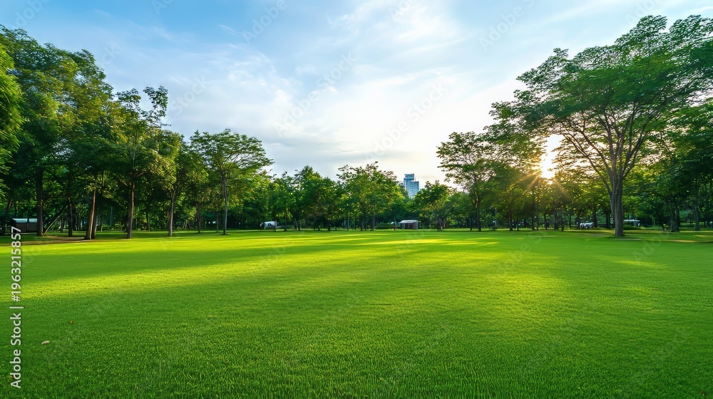 Fototapeta premium Green grass lawn with trees under a blue sky in a park with empty ground for camping activities in daylight