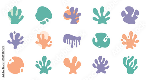 Colorful abstract shapes resembling coral or fungi on white background