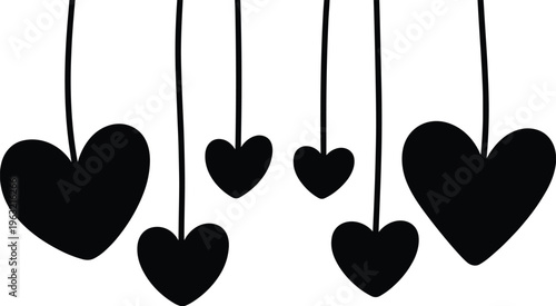 Hanging heart shapes silhouettes, flat vector illustration, love and romance symbols, minimal decorative elements isolated on white background design