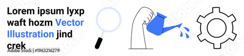 Text, magnifying glass, hand with watering can nurturing growth, gear icon. Ideal for education, innovation, process improvement, growth strategy, productivity creativity simple landing page