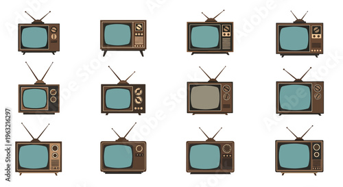 Collection of old retro tv sets with various antenna positions