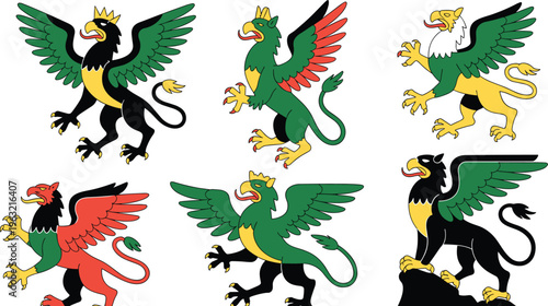 Heraldic griffin set vector, mythical creature collection, medieval fantasy beasts, winged lion eagle hybrid symbols, vintage emblem design, flat vector illustration